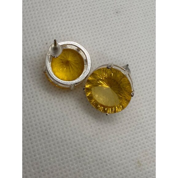 Yellow Gemstone Post Earrings With Silver Tone Setting - Picture 4 of 7